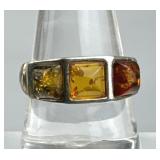 925 Silver Poland Tri-color Amber Ring