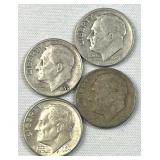 (4) 1946-64 Silver Era Roosevelt Dimes, US 90%