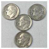 (4) 1946-64 Silver Era Roosevelt Dimes, US 90%