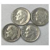 (4) 1946-64 Silver Era Roosevelt Dimes, US 90%