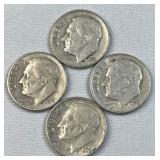 (4) 1946-64 Silver Era Roosevelt Dimes, US 90%
