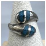 925 Silver Vintage Taxco Turquoise Inlay Bypass Ri