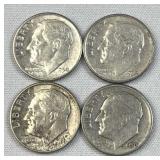 (4) 1946-64 Silver Era Roosevelt Dimes, US 90%