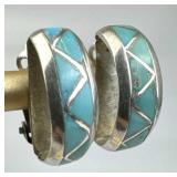 925 Silver Vtg Geometric Turquoise Inlay Clip On E