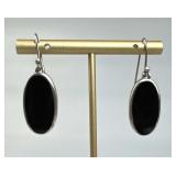 925 Silver Oval Black Onyx Inlay Dangle Earrings.