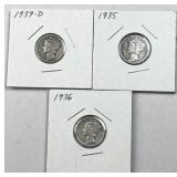 (3) 1935-1939 Mercury Silver Dimes, US 90%