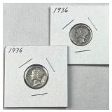 (2) 1936 Mercury Silver Dimes, US 90% Coins