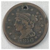 1850 US Braided Hair Large Cent, 1c Coin, Holed