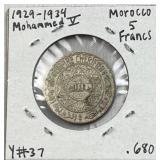 1929-34 Morocco Silver 5 Francs, XF/AU .680