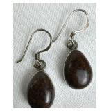 925 Silver Tear-Shaped Brown Jasper Dangling Earri