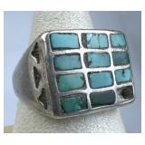 925 Silver Vintage Navajo Turquoise Inlay Row Ring