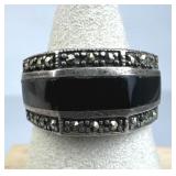 925 Silver Black Onyx Inlay Marcasite Band Ring