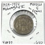 1929-34 Morocco Silver 5 Francs, XF/AU .680