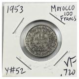 1953 Morocco Silver 100 Francs, VF .720