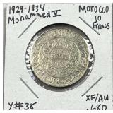 1929-34 Morocco Silver 10 Francs, XF/AU .680