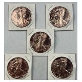 (5) 1oz Copper Rounds, Walking Lib. Design .999