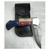 Damascus Steel Folding TX Blade Knife w/ Sheath
