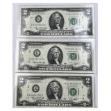 (3) 1976 US $2 Bills, Crisp About Uncirculated