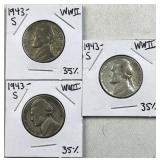 (3) 1943-S Silver War Nickels, US 35% WWII Era