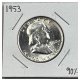 1953 Franklin Silver Half Dollar, BU 90% Coin