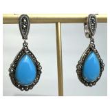 925 Silver Vtg Turquoise & Marcasite Dangle Earrin