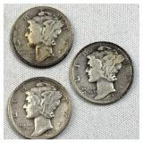1938-P-D-S Mercury Silver Dimes, US 90%