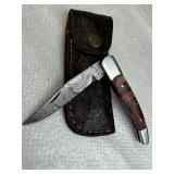 Damascus Steel Folding Blade Knife w/ Sheath