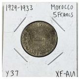 1929-33 Morocco Silver 5 Francs Coin