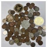 Vintage US & World Coins in Bottle, w/ Silver 5c