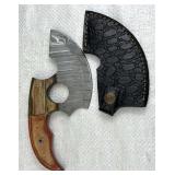 Damascus Steel Fixed Ulu Blade Knife w/ Sheath