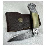 Damascus Steel Folding Blade Knife w/ Sheath
