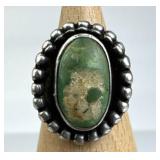 925 Silver Vtg Oval Green Turquoise Bead Ring