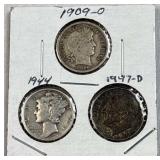 (3) Types Silver US Dimes w/ Quality 1909-O