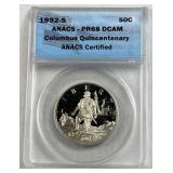 1992-S ANACS PR68 DCAM Columbus 50Â¢ Coin
