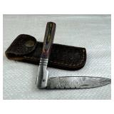 Damascus Steel Folding Blade Knife w/ Sheath