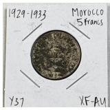 1929-33 Morocco Silver 5 Francs Coin