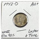 1942-D Mercury Silver Dime, Quality AU+ w/ Tone