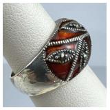 925 Silver Vtg Red Enamel Inlay Marcasite Band Rin