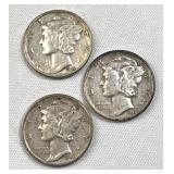 1944 P-D-S Mercury Dimes, 10c Coins, 90%