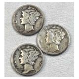 1939 P-D-S Mercury Dimes, 10c Coins, 90%