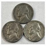 1945-P,D,S Set of Silver War Nickels, WWII Era