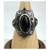 925 Silver Vtg Oval Black Onyx Scroll Oxidized Rin