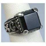 925 Silver Black Onyx Ornate Etched Band Ring