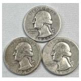 1945-P,D,S Washington Silver Quarter, US 90%