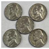 (5) 1945P Silver War Nickels, WWII Era 35c Coins