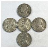 (5) 1945P Silver War Nickels, WWII Era 35c Coins