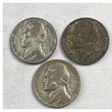 (3) 1945P Silver War Nickels, WWII Era 35c Coins