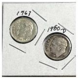 1960-D & 1963 Silver Roosevelt Dimes, US 90%