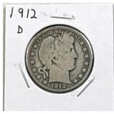 1912-D Barber Half Dollar, 50c Coin, 90%