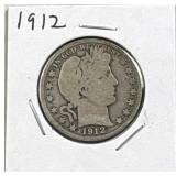 1912 Barber Half Dollar, 50c Coin, 90%